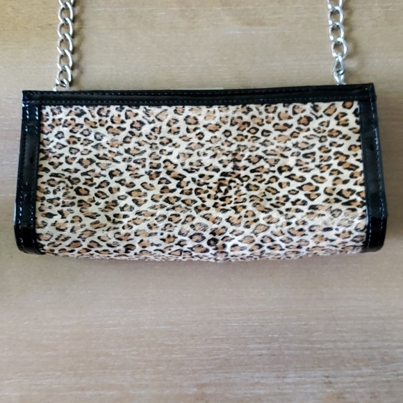 Leopard Print Faux Fur Clutch with chain o…